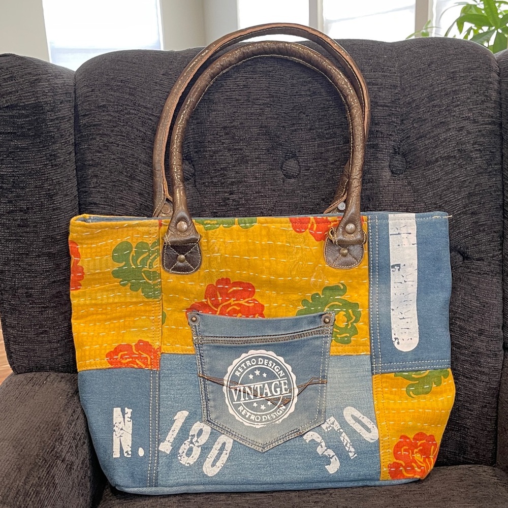 NWOT...Yellow Floral Patchwork Tote with Denim Pocket - Vintage Design